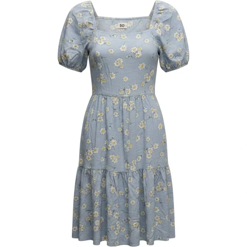 SO Goods For Life Girls Blue Daisy Floral Tiered Puff Sleeve Dress XL 14/16